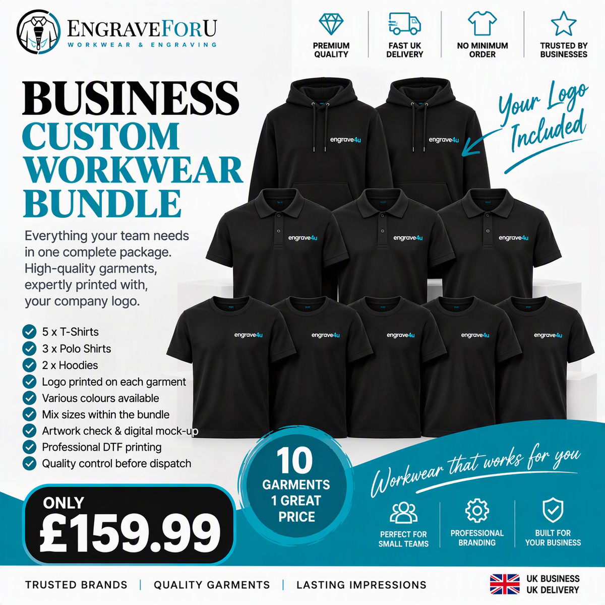 Business Personalised Workwear Bundle – 5 T-Shirts, 3 Polos & 2 Hoodies