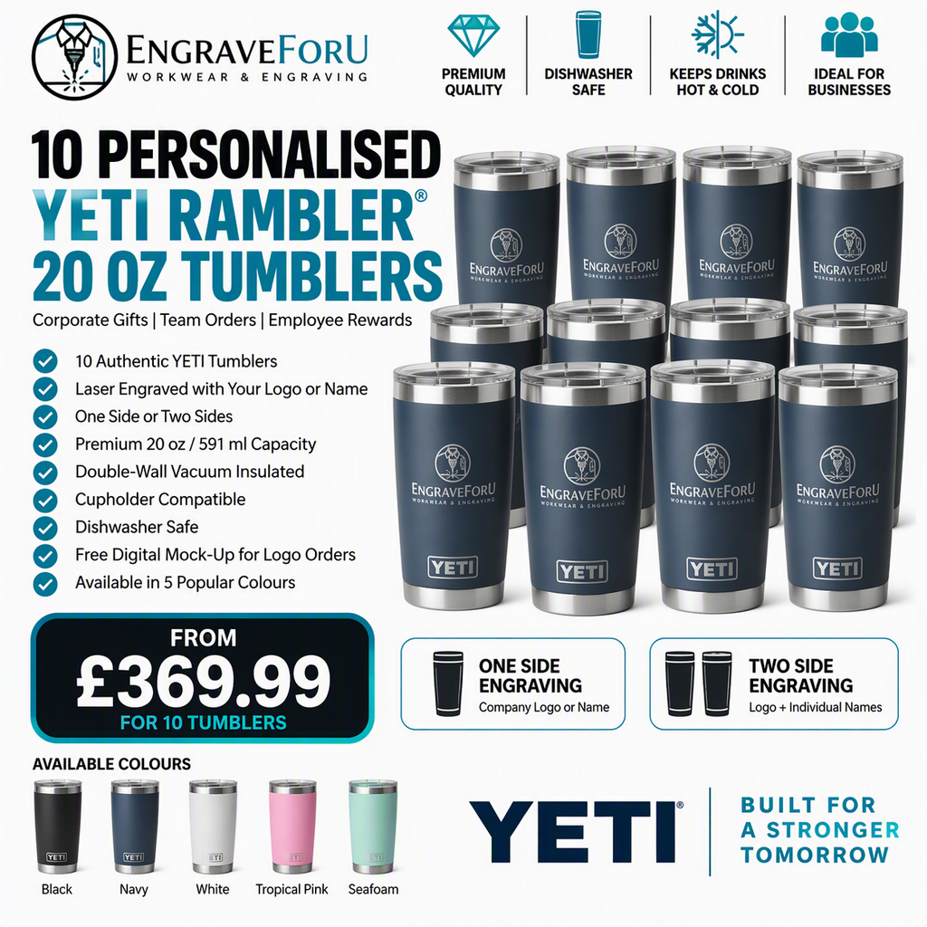 10 Personalised YETI Rambler 20 oz Tumblers | Engraved Company Logo & Names