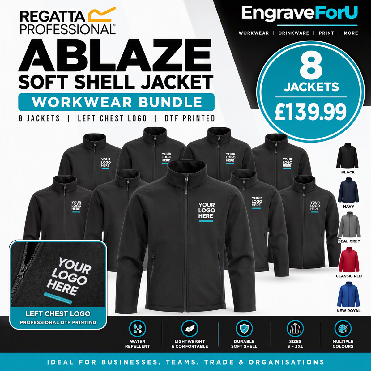 8 x Personalised Regatta Ablaze Soft Shell Jackets | Custom Left Chest Logo DTF Printed Workwear Bundle