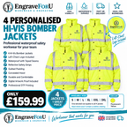 4 Personalised Hi-Vis Bomber Jackets | Waterproof Safety Workwear Bundle | Left Chest Logo Included