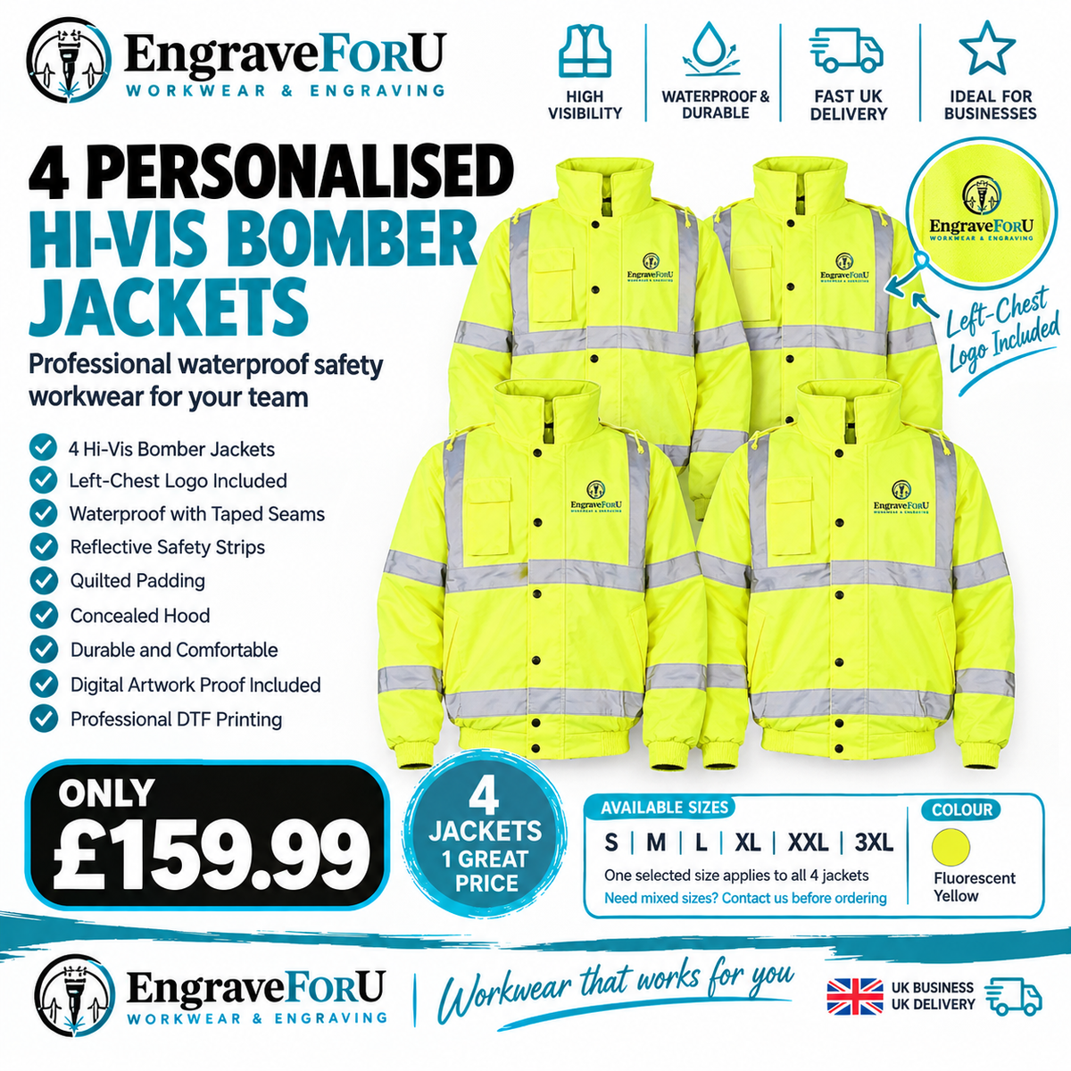 4 Personalised Hi-Vis Bomber Jackets | Waterproof Safety Workwear Bundle | Left Chest Logo Included