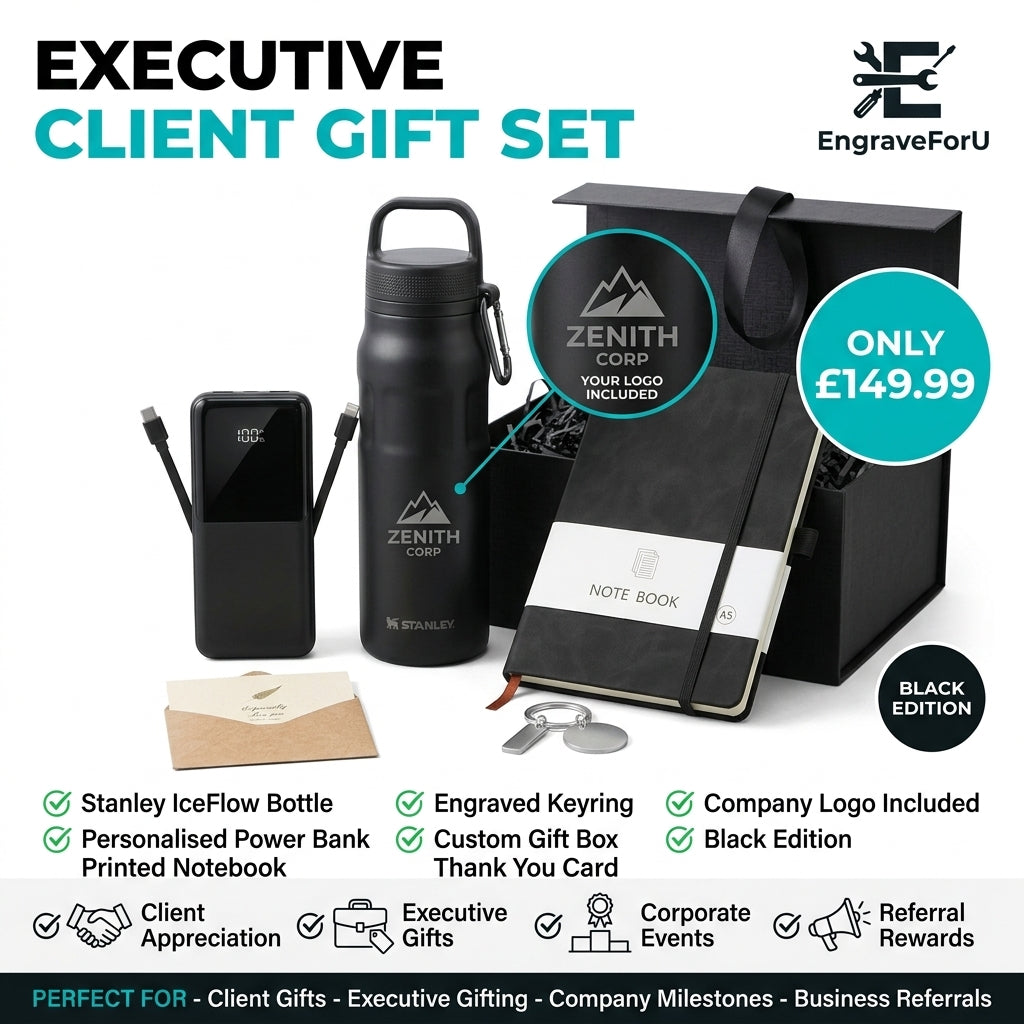 Executive Client Gift Set | Personalised Stanley Bottle, Power Bank & Notebook Gift Box